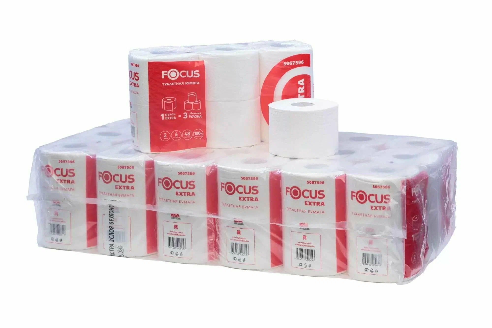 Туалетная бумага двухслойная белая Focus Extra, 48 м, 6 рул/уп