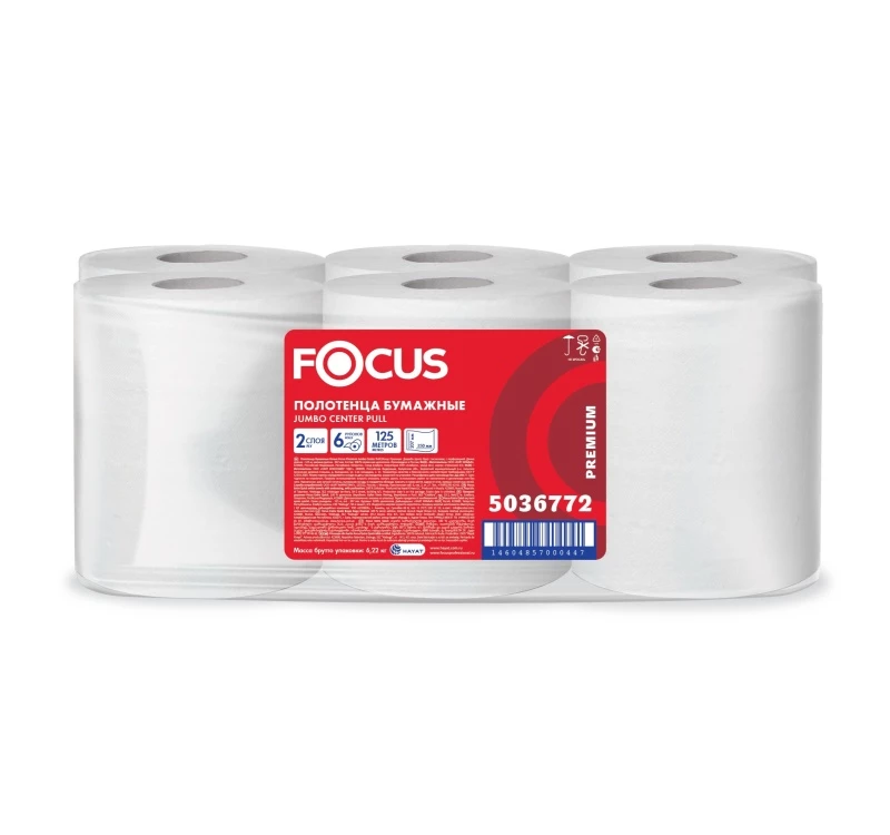 Протирочная бумага FOCUS двухслойная, с центральной вытяжкой, 125 м, белая (6 рул/пак)